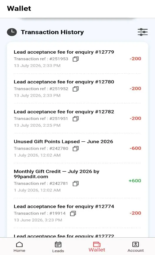 Wallet transaction history